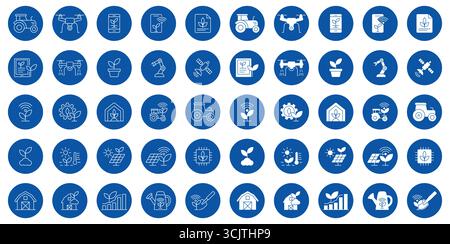Una serie variegata di icone agricole con attrezzature agricole, impianti e tecnologia moderna. Perfetto per illustrare concetti in agricoltura, sostenibilità Illustrazione Vettoriale