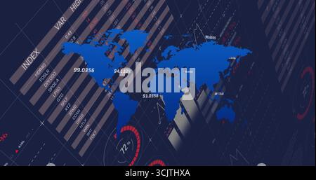 Visualizzazione di una mappa del mondo blu stilizzata con punti dati sul display del computer, con grafici a barre e indicatori Foto Stock