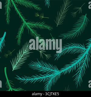 Un motivo incredibilmente bello di foglie di verde lussureggiante e verde verde acqua verde oliva su uno sfondo scuro. Ripetizione vettoriale con rami di abete rosso Illustrazione Vettoriale