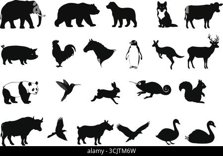 Silhouette di animali nere su sfondo bianco, illustrazione vettoriale per il design e l'educazione Illustrazione Vettoriale