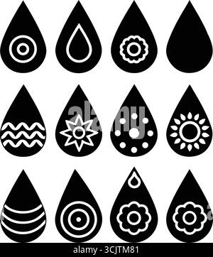 Set di icone a goccia d'acqua nera con vari motivi, illustrazioni vettoriali per design e branding Illustrazione Vettoriale