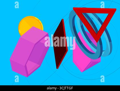 Copertina a tema retrò con grafica geometrica semplice. Design del poster con elementi geometrici minimali. Modello vintage di forme astratte per banner poster. Illustrazione Vettoriale