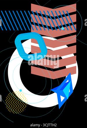 Copertina a tema retrò con grafica geometrica semplice. Design del poster con elementi geometrici minimali. Modello vintage di forme astratte per banner poster. Illustrazione Vettoriale