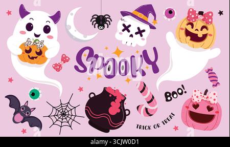 Set di clipart di elementi e personaggi spaventosi. Halloween Spooky contiene una collezione di clip art come fantasmi, vasi, zucche e teschio carini con allegria e divertimento Illustrazione Vettoriale