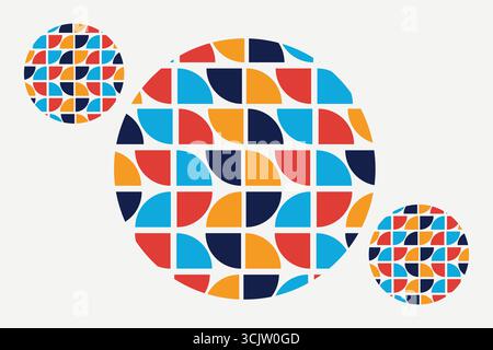 Sfondo geometrico astratto con motivo a semicerchio colorato in rosso, blu, giallo e blu scuro. Design a griglia moderno e minimalista, ideale per il branding e i poster Illustrazione Vettoriale