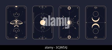 Cornici mistiche per carte di tarocchi dorati su sfondo scuro: Disegni celesti con sole, fasi lunari, farfalla e stelle. Eleganti bordi esoterici con geometria sacra per divinazione o carta oracolo spirituale Illustrazione Vettoriale