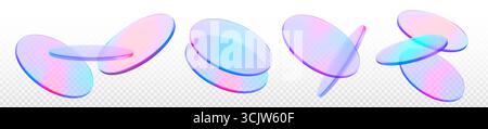 elementi in podio olografici 3d con dischi gradienti semitrasparenti. Ovali fluttuanti rosa, blu e viola che si sovrappongono su sfondo trasparente per un design moderno del display. Superfici di vetro. Illustrazione Vettoriale