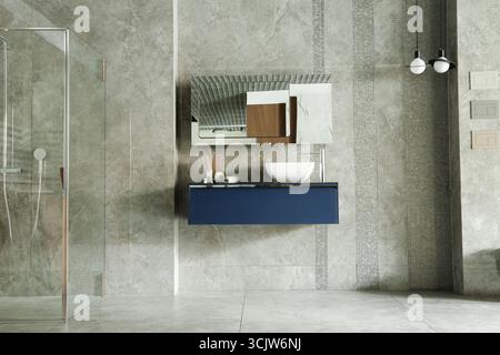 Bagno interno moderno con doccia in vetro e lavandino moderno Foto Stock