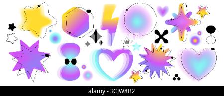 Forme gradiente Y2K con cuori, stelle ed elementi astratti. Design retrò futuristico con scintille, esagoni e fulmini per un'estetica digitale nostalgica o grafica alla moda. Illustrazione Vettoriale