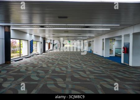 Una spaziosa passerella vuota con un tappeto a motivi geometrici conduce a una luce lontana; adatta per illustrare il design o l'architettura di un aeroporto o di un centro congressi Foto Stock