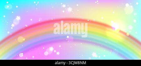 Il magico arcobaleno unicorno con la pioggia scintilla isolata sul gradiente del cielo che si fonde con stelle luccicanti. Un arco da sogno si snoda attraverso il paradiso pastello per creare sfondi fantasiosi o creare feste per bambini. Illustrazione Vettoriale