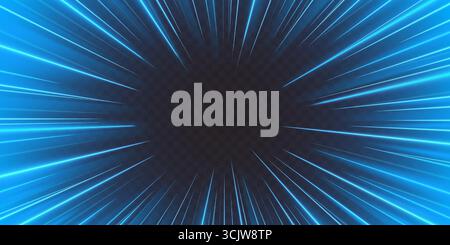 Sfondi Speed ray anime con linee blu al neon che si irradiano dal centro per effetti dinamici di movimento. Striature luminose e sequenza di energia per scene d'azione o presentazioni digitali futuristiche. Illustrazione Vettoriale