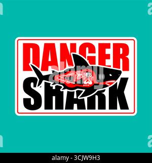 Logo con squalo e testo "Danger Shark". Simbolo di predatore, estremo, oceano e sport acquatici. Perfetto per il surf, il design marino, gli adesivi e il marchio Illustrazione Vettoriale