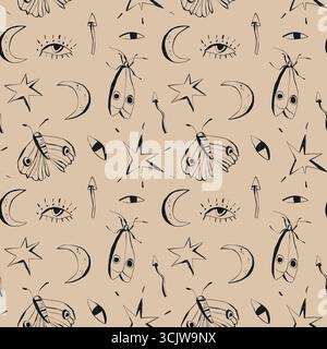 Fantasia mistica vintage senza cuciture con falene stelle lune e occhi su sfondo beige per carta da parati e design delle superfici avvolgenti in tessuto Illustrazione Vettoriale