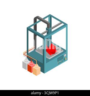 Stampante 3D che crea un cuore umano, simboleggia l'innovazione medica, la biotecnologia, la stampa di organi e il futuro dell'assistenza sanitaria. Illustrazione Vettoriale
