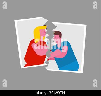 foto strappata con coppia baciata. Simbolo di rottura, fine dell'amore, separazione, problemi di relazione e dramma emotivo. Perfetto per la psicologia, romantico Illustrazione Vettoriale