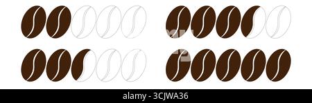 Illustrazione del livello di tostatura dei semi di caffè arabica con polvere infografica sui chicchi di frittura macinatura media grossa scala di macinatura fine grado aroma espresso intensità Illustrazione Vettoriale