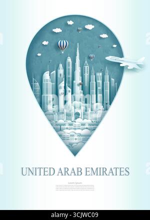 Viaggia per un monumento storico degli Emirati Arabi Uniti, l'architettura moderna di Abu Dhabi sullo sfondo di una spilla. Poster da viaggio e architettura moderna da cartolina Illustrazione Vettoriale
