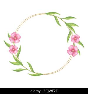 Corona di fiori con fiori rosa e vegetazione. Cornice rotonda acquerello con texture dorata. Design pronto all'uso con delicati fiori selvatici. Incorniciatura con fiori di prato per biglietti d'auguri e inviti di nozze. Foto Stock