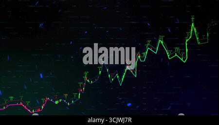 Visualizzazione del grafico a linee verde neon e magenta con tendenza verso l'alto sull'interfaccia digitale, marcatura dei punti dati Foto Stock
