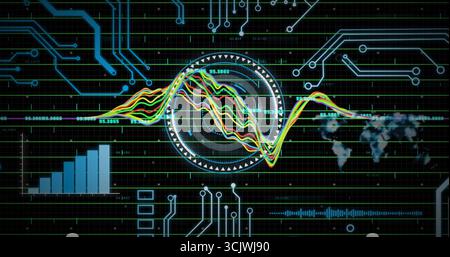 Visualizzazione dell'interfaccia radar con forme d'onda colorate e mappa del mondo sul pannello di controllo virtuale Foto Stock