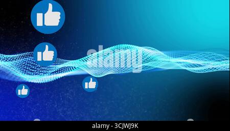 Flusso di onde di particelle luminose che si formano su gradiente digitale blu con icone fluttuanti con il pollice verso l'alto Foto Stock