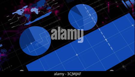 Visualizzazione di una grande barra rettangolare blu sulla griglia, con sovrapposizioni cartografiche, connettori dati e punti dati Foto Stock