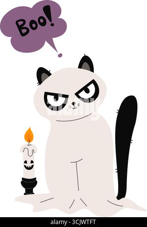 Halloween, adorabile Black Cat Ghost con candela. Cartoni animati divertenti per le vacanze autunnali. Illustrazione vettoriale in stile piatto. Non IA Illustrazione Vettoriale