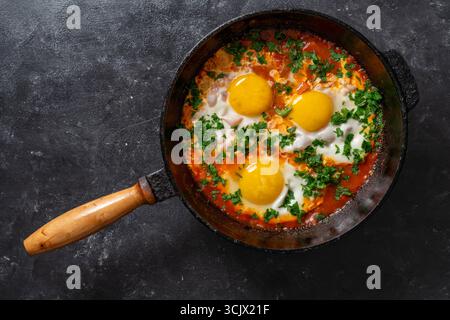 Shakshuka in padella per colazione, primo piano. Shakshuka fatto in casa con uova fritte, cipolla, peperone, pomodoro rosso e prezzemolo in una padella di ghisa Foto Stock