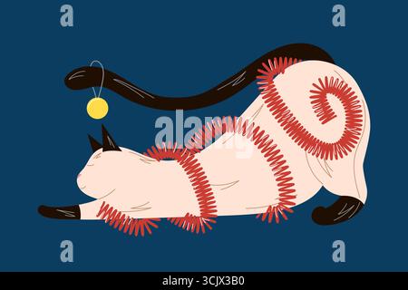 Gatto siamese rilassato con decorazioni rosse per l'albero di Natale sdraiato con palla gialla sulla coda in stile piatto. Illustrazione Vettoriale