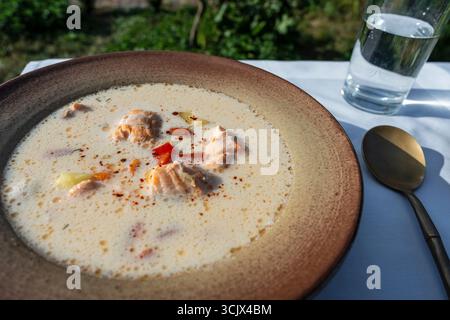 Zuppa di salmone con panna, patate, carote, peperoni ed erbe aromatiche in un recipiente sul tavolo, primo piano Foto Stock