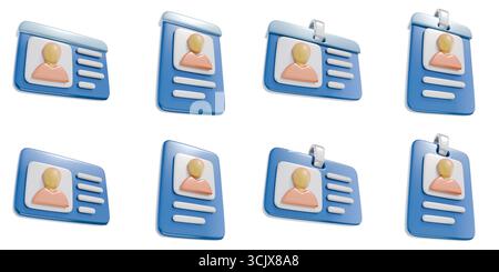 Le icone delle schede ID blu impostano l'illustrazione di rendering 3D della vista inferiore isolata su sfondo bianco Foto Stock