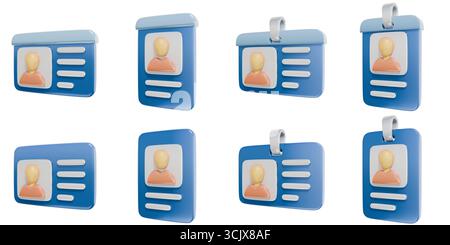 Le icone delle schede ID blu impostano l'illustrazione di rendering 3D con vista laterale isolata su sfondo bianco Foto Stock