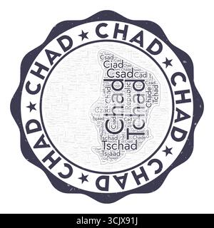 Logo Ciad. Accattivante badge nazionale con nuvola di parole a forma di Ciad. Emblema rotondo con il nome del paese. Illustrazione vettoriale artistica. Illustrazione Vettoriale