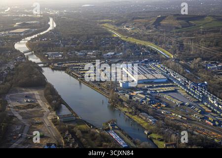 Vista aerea, AM Westhafen, CTH Container Terminal am Rhein-Herne-Kanal, Unser Fritz, Herne, regione della Ruhr, Renania settentrionale-Vestfalia, Germania, Westhafen, con Foto Stock