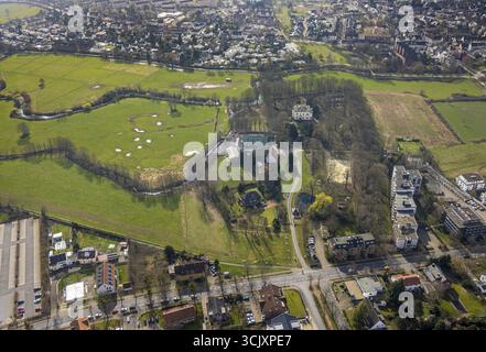 Vista aerea, Haus Kentrop e Marker Allee, prati e campi verdi nella zona di conservazione del paesaggio, centro, Hamm, zona della Ruhr, Renania settentrionale-Vestfalia, Foto Stock