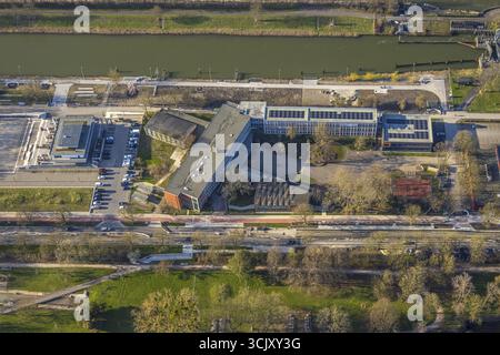 Vista aerea, palestra Hammonense e centro di sport acquatici, cantiere in Adenauerallee, Mitte, Hamm, regione della Ruhr, Renania settentrionale-Vestfalia, Germania Foto Stock