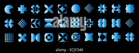 Colorate forme Y2K dai colori vivaci. Kit di illuminazione al neon laser blu a LED. Luminoso illuminato futuristico forma disegni astratti e forme, icone. Design estetico svizzero. Illustrazione Vettoriale