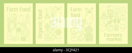 Raccolta di prodotti agricoli e mercato agricolo. Impostare poster per il mercato alimentare e biologico. Elementi astratti minimali in stile Bauhaus. Illustrazione Vettoriale