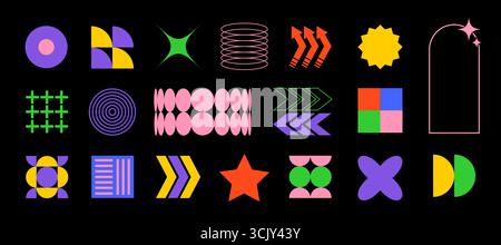Colorate forme di brutalismo Y2K. Forme geometriche e simboli semplici, stelle e spirali. Elementi astratti minimali in stile Bauhaus. Illustrazione Vettoriale