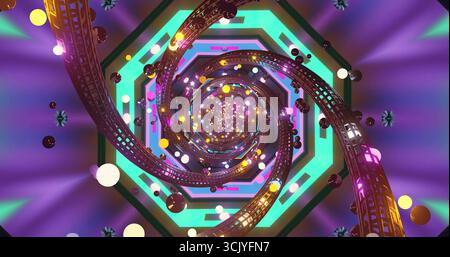 Un motivo geometrico vibrante e vorticoso pieno di sfere luminose e forme astratte crea un'esperienza visiva accattivante in un ambiente futuristico Foto Stock
