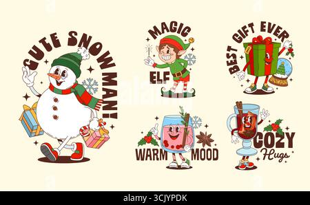 Simpatici personaggi natalizi adesivi e stampe di t-shirt per le vacanze invernali, vettoriali. Adesivi con cartoni animati pupazzo di neve e regali di Babbo Natale, elfo magico e VIN brulé con citazioni di saluto natalizio Illustrazione Vettoriale