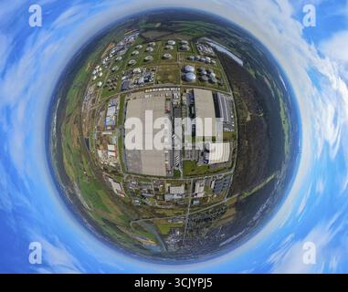 Vista aerea, zona industriale e commerciale (IGP Huenxe) Bucholtwelmen-West, con servizio logistico LGI Logistics Solution GmbH, Coca- Foto Stock