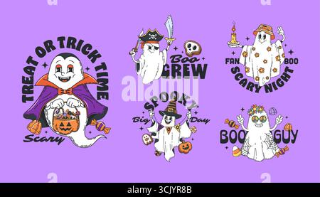Set di simpatici personaggi fantasma di Halloween con adesivi e divertenti stampe di t-shirt. Personaggi fantasma vettoriali della notte di Halloween con adesivi con caramelle e cestino di zucca Illustrazione Vettoriale