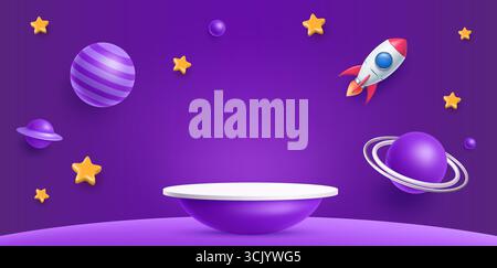 podio 3d per bambini con pianeti, razzi e stelle sullo sfondo vettoriale. Piattaforma per l'esposizione di prodotti per bambini, podio carino, palcoscenico o scena per bambini con galassia spaziale cielo viola e razzo spaziale Illustrazione Vettoriale