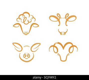 Capi animali di allevamento di pecore domestiche mucca maiale capra disegnando in stile moderno con beige su sfondo bianco Illustrazione Vettoriale