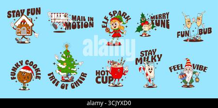 Natale invernale Natale Natale y2k Groovy adesivi con personaggi di elfo cartoni animati, pino e pan di zenzero. Vector retro y2k biscotti e latte di Natale, champagne e personaggi holly, set di adesivi natalizi Growy Illustrazione Vettoriale