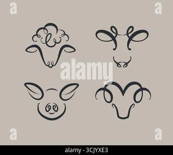 Capi animali di allevamento di pecore domestiche mucca maiale capra disegno in stile moderno con sfondo nero su marrone Illustrazione Vettoriale