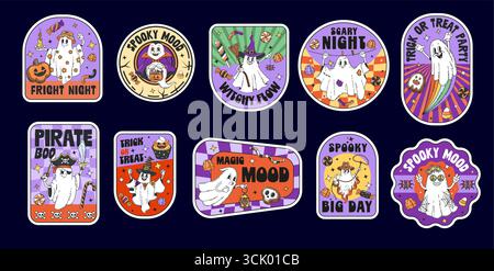 Adesivi retrò per Halloween, patch hippie spaventose. Cartoni animati y2k carini personaggi fantasma adesivi vettoriali con dolcetti o scherzi di Halloween, cappelli da streghe, torta di zucca e ragni Illustrazione Vettoriale