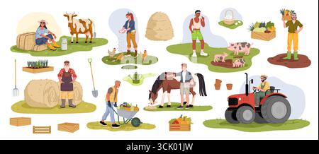 Contadini e giardinieri personaggi che lavorano in azienda con animali, verdure e attrezzature. Stile di vita agricolo vettoriale, uomini e donne che nutrono polli, raccolta, guida del trattore, gestione delle colture Illustrazione Vettoriale